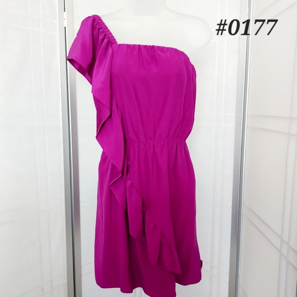 ⤵️💟❤️Kara Janx SILK dress 100% silk purple one shoulder ruffle accents *LARGE - Picture 1 of 12